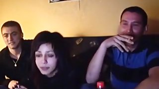 Serbian slut fucks 2 friends on the sofa in a threesome