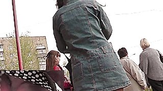 Cute upskirt angel in denim coat