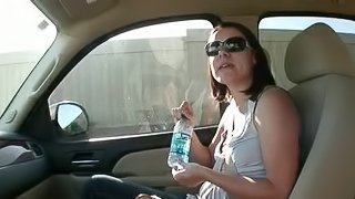 Elizabeth gets frisky with a guy's penis while being in a car